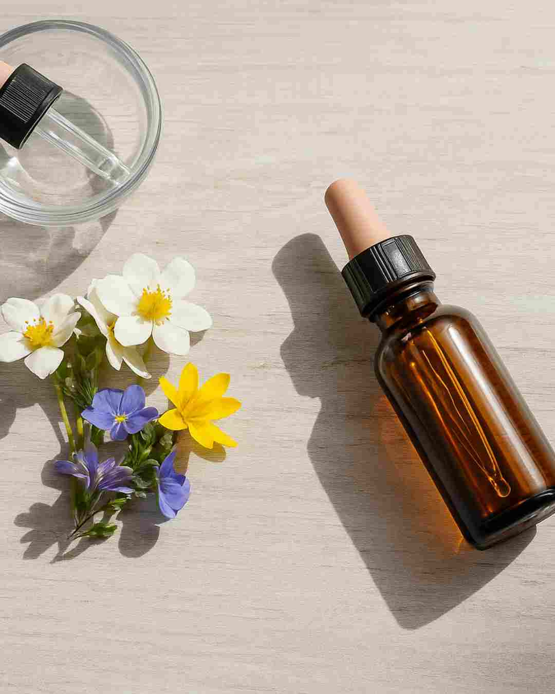 Rjava steklenička z kapalko in skodelica na svetli leseni podlagi ob pisanih cvetovih – simbol naravnih Bachovih cvetnih esenc in nege z močjo rastlin.